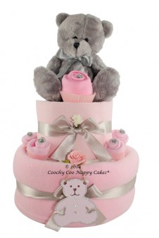 Baby Girl Silver Teddy Bear Nappy Cake